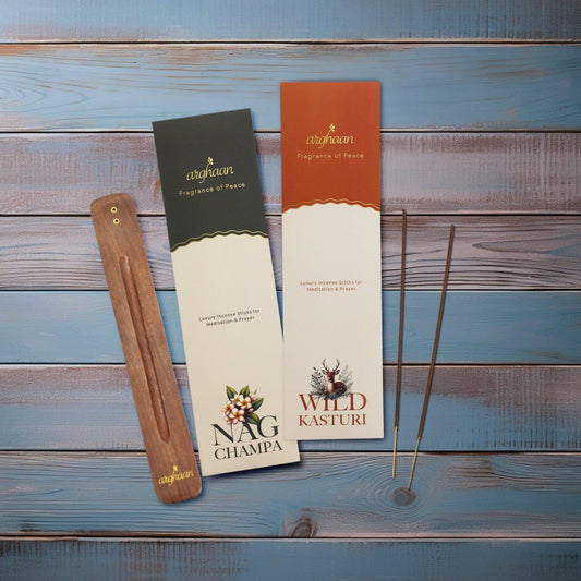 Arghaan Charcoal - Free Luxury Incense Sticks Combo – Kasturi & Nagchampa | Meditation & Prayer Incense for Home & Office | 54 Sticks (27x2) + Free Sheesham Wood Holder | Natural, Eco - Friendly, Low Smoke - Incense Sticks
