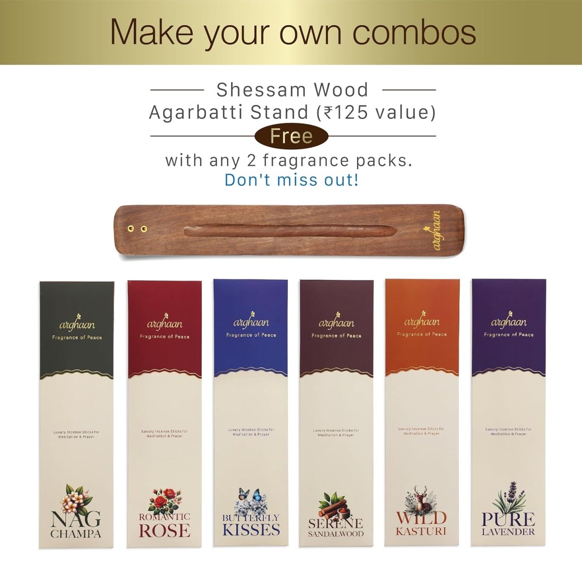 Arghaan Charcoal - Free Luxury Incense Sticks Combo – Butterfly Kisses & Wild Kasturi | Meditation, Prayer & Relaxation Incense for Home & Office | 54 Sticks (27x2) + Free Sheesham Wood Holder | Natural, Eco - Friendly, Low Smoke - Incense Sticks