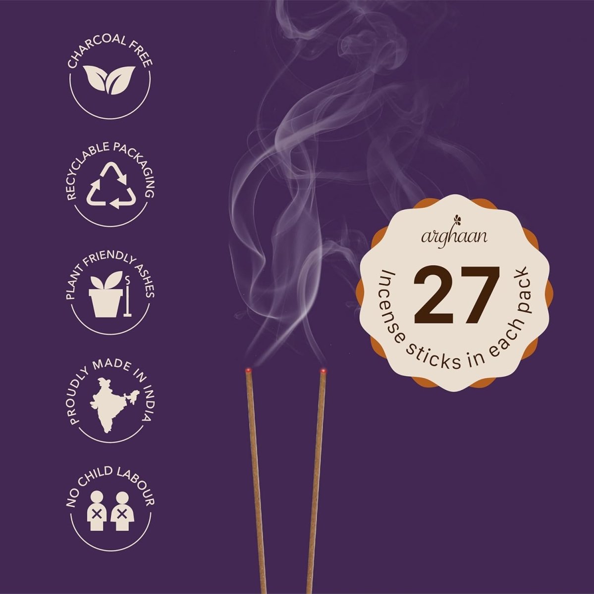 Arghaan Charcoal - Free Natural Incense Sticks Combo for Meditation, Prayer & Relaxation | 162 Sticks (27x6) with Sheesham Wood Holder | Rose, Lavender, Kasturi, Nagchampa, Sandalwood, Butterfly | Eco - Friendly Aromatherapy for Home & Office - Incense Sticks