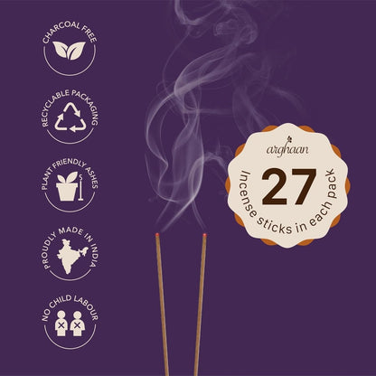 Arghaan Charcoal - Free Natural Incense Sticks Combo for Meditation, Prayer & Relaxation | 162 Sticks (27x6) with Sheesham Wood Holder | Rose, Lavender, Kasturi, Nagchampa, Sandalwood, Butterfly | Eco - Friendly Aromatherapy for Home & Office - Incense Sticks