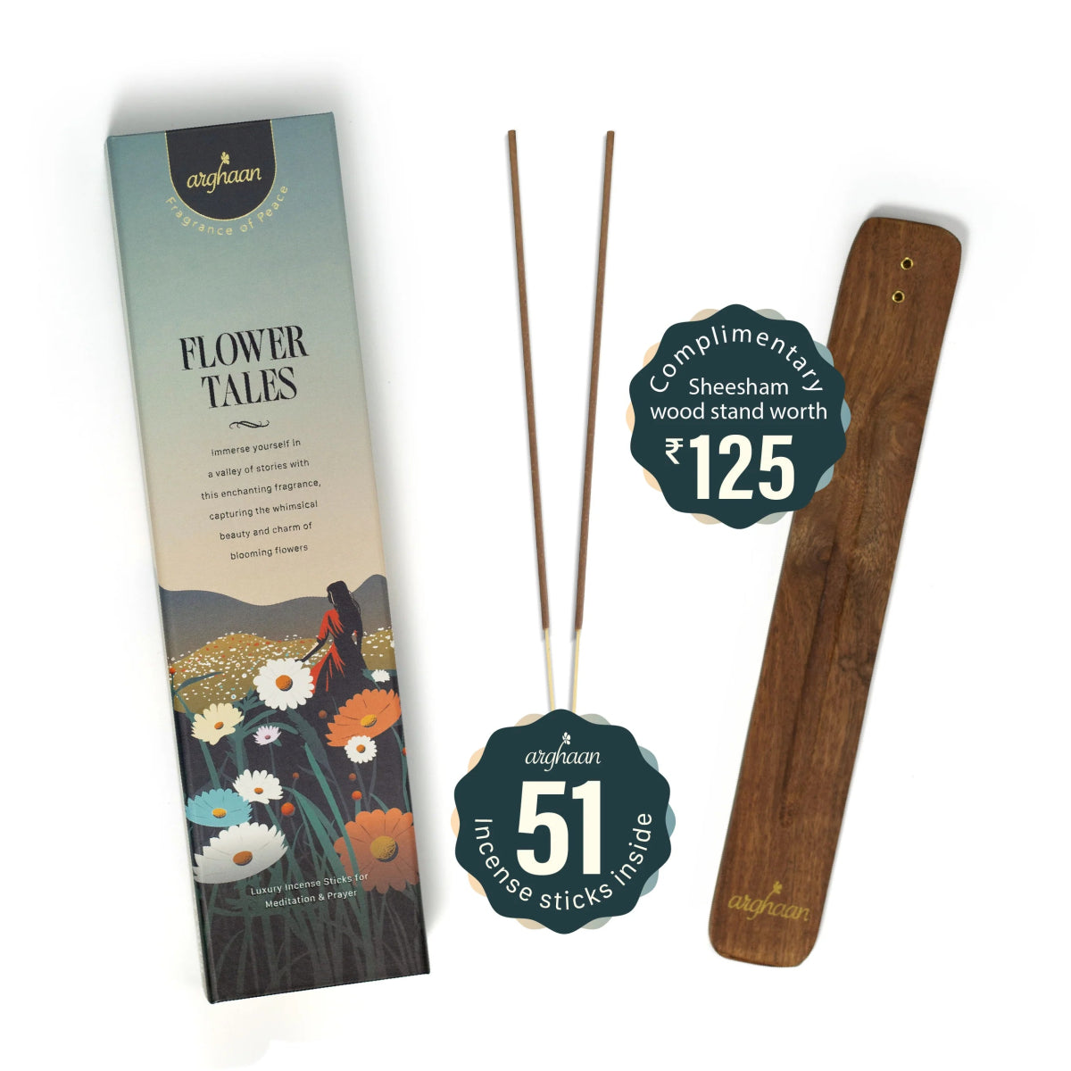 Flower Tales Luxury Incense Sticks – 100% Charcoal - Free | 51 Eco - Friendly Sticks for Pooja, Meditation, Prayer & Floral Tranquility | Low Smoke Natural Incense for Home & Relaxation - 