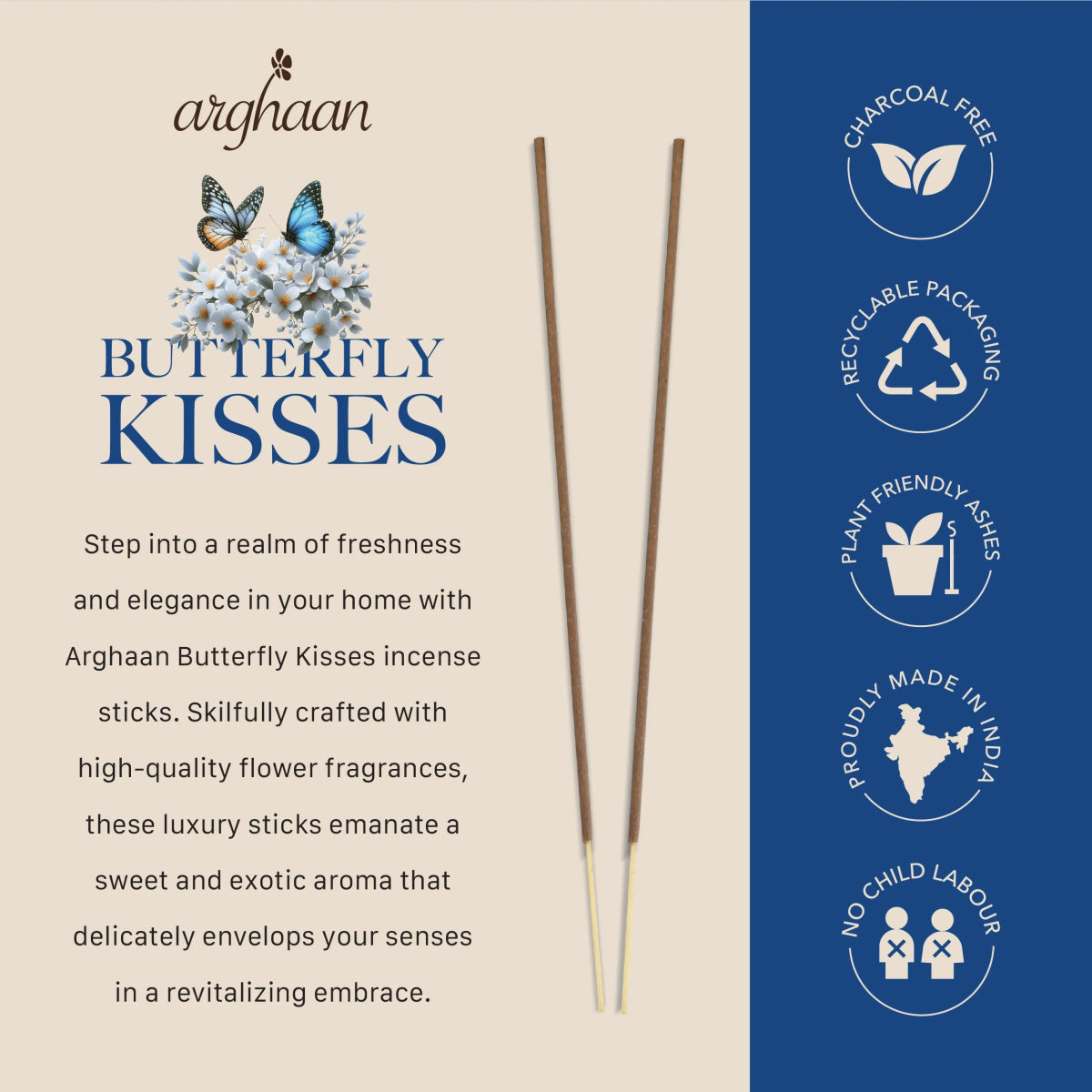 Butterfly Kisses Premium Incense Sticks – 100% Charcoal - Free | 27 Eco - Friendly Sticks for Pooja, Meditation, Prayer & Relaxation | Low Smoke Natural Sweet Incense for Home & Spiritual Calm - Incense Sticks