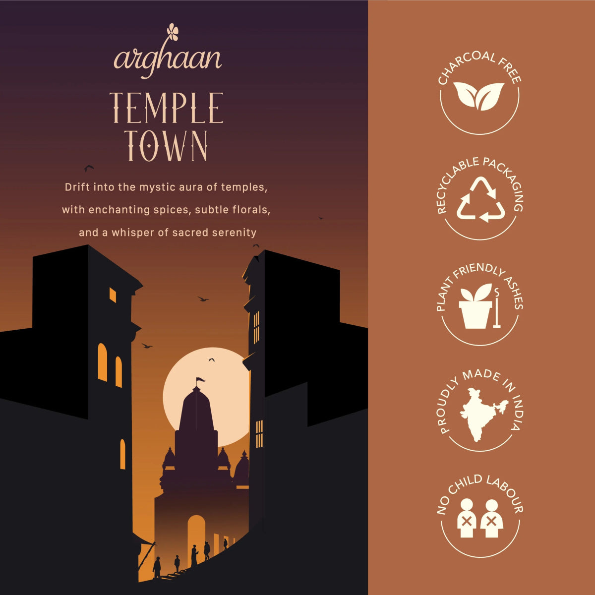 Temple Town Luxury Incense Sticks – 100% Charcoal - Free | 51 Eco - Friendly Sticks for Pooja, Meditation, Prayer & Spiritual Calm | Low Smoke Natural Fragrance for Home & Sacred Spaces - 