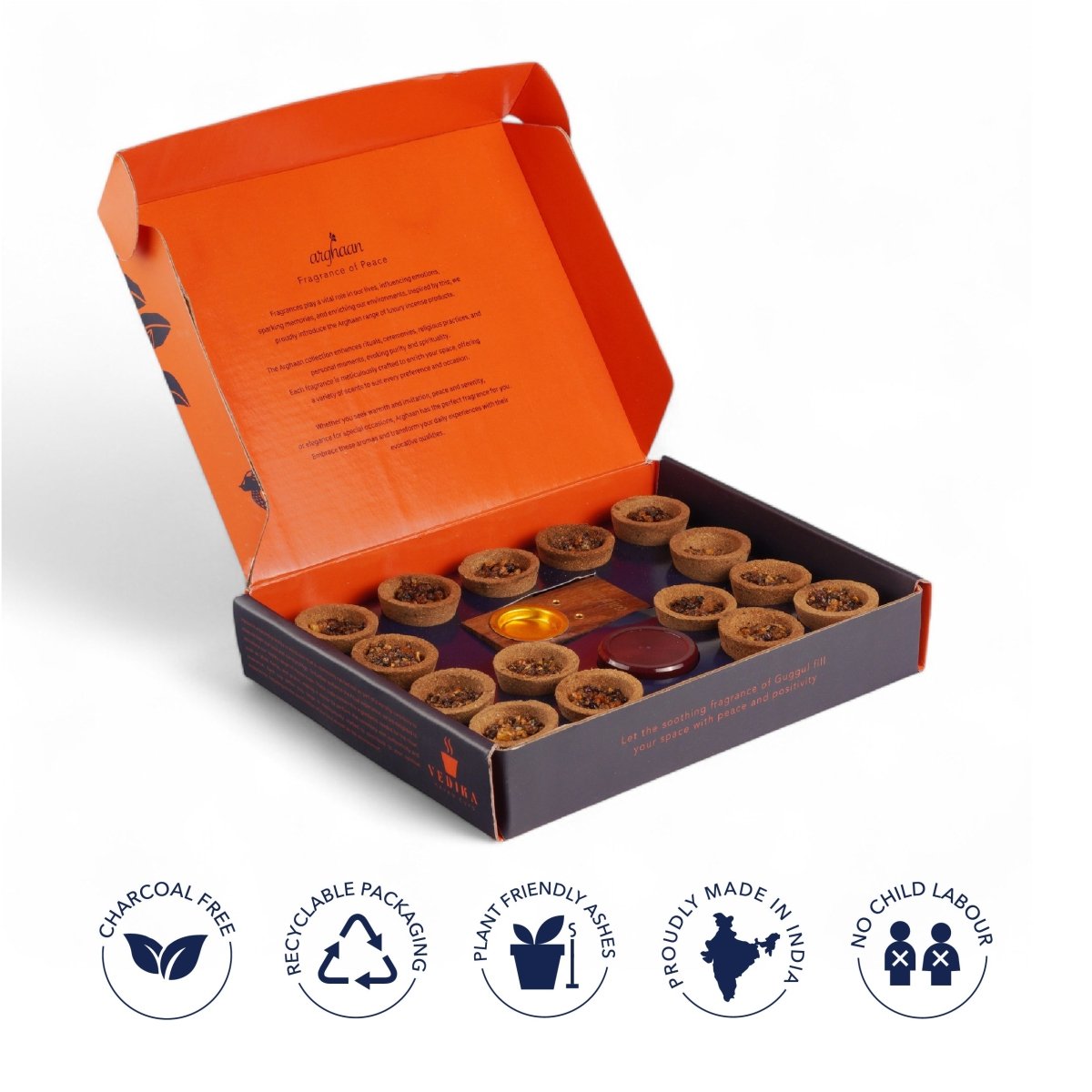 Vedika Natural Guggul Havan Cups | 15 Havan Pcs + 15 camphor tablets + 1 Free Wooden Stand