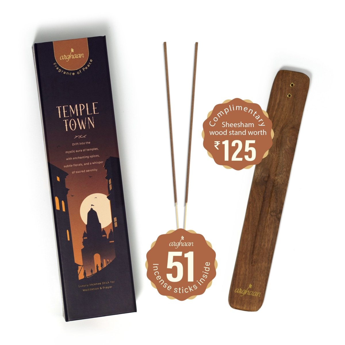 Premium Aromatic Agarbatti for Home & Office | For Meditation & Prayer | Free Sheesham Wood Stand (Temple Town & Hermit Herbs, Pack of 2) - 