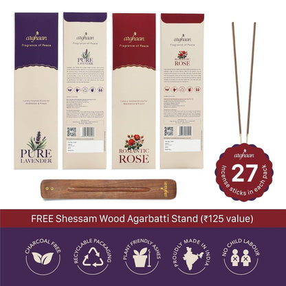 Arghaan Charcoal - Free Luxury Incense Sticks Combo – Rose & Lavender | Meditation, Prayer & Relaxation Incense for Home & Office | 54 Sticks (27x2) + Free Sheesham Wood Holder | Natural, Eco - Friendly, Low Smoke - Incense Sticks