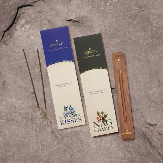Arghaan Charcoal - Free Luxury Incense Sticks Combo – Butterfly Kisses & Nagchampa | Meditation, Prayer & Relaxation Incense for Home & Office | 54 Sticks (27x2) + Free Sheesham Wood Holder | Natural, Eco - Friendly, Low Smoke - Incense Sticks
