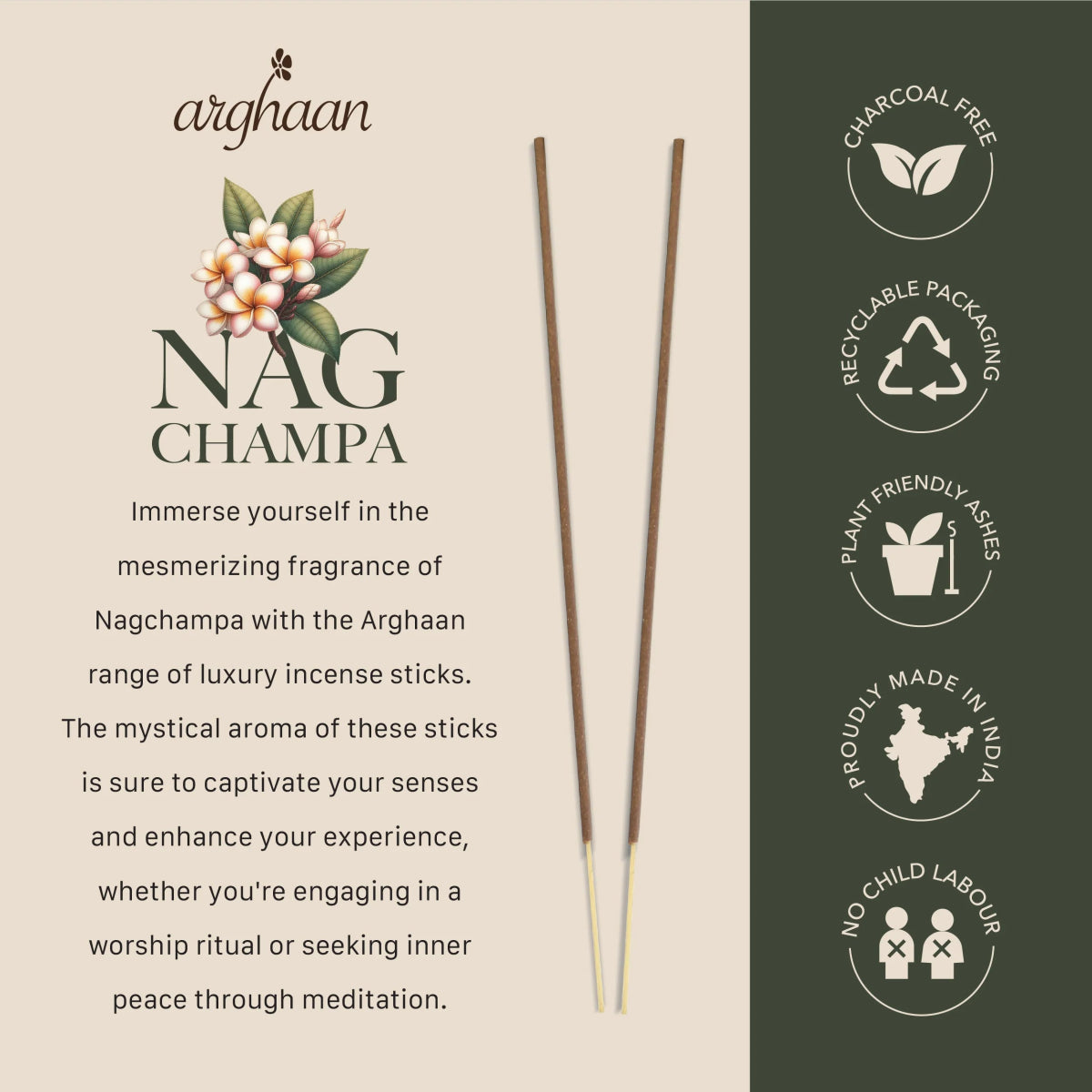 Nag Champa Premium Incense Sticks – 100% Charcoal - Free | 27 Eco - Friendly Sticks for Pooja, Meditation, Prayer & Spiritual Calm | Low Smoke Natural Nagchampa Incense for Home & Sacred Spaces - Incense Sticks