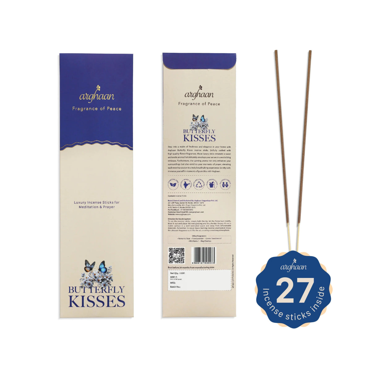 Butterfly Kisses Premium Incense Sticks – 100% Charcoal - Free | 27 Eco - Friendly Sticks for Pooja, Meditation, Prayer & Relaxation | Low Smoke Natural Sweet Incense for Home & Spiritual Calm - Incense Sticks