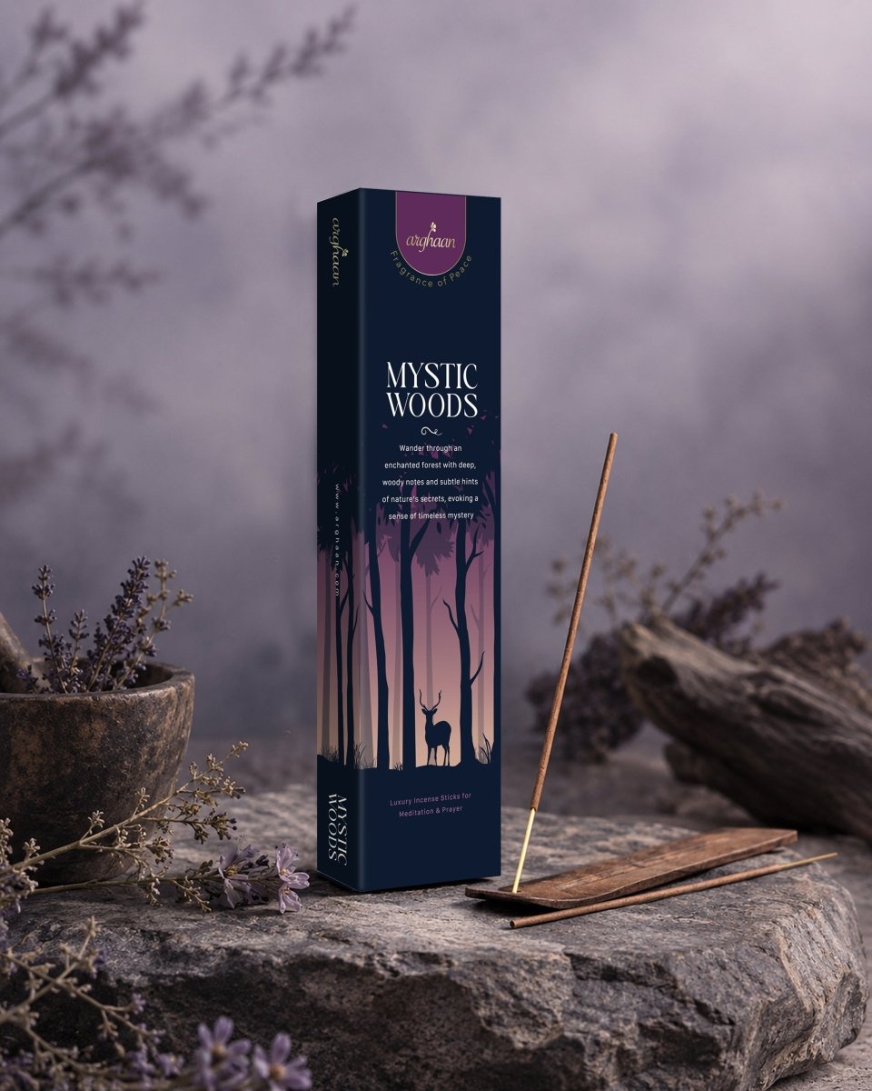 Mystic Woods - A deep, woody fragrance with earthy notes | 51 sticks · Charcoal-free Best for Pooja, Meditation, Prayer & Spiritual Calm -