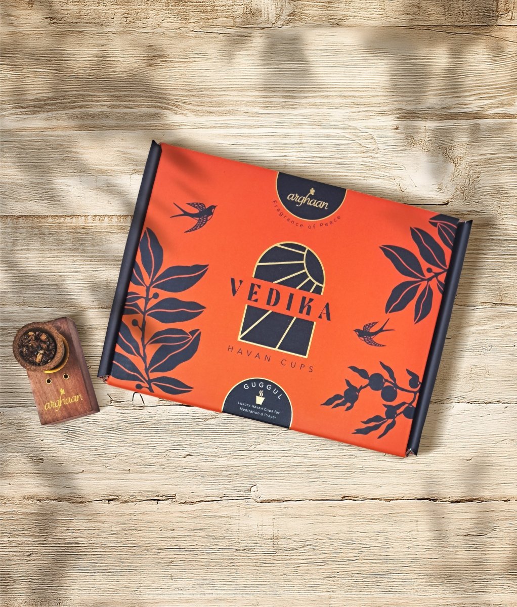 Vedika Natural Guggul Havan Cups | 15 Havan Pcs + 15 camphor tablets + 1 Free Wooden Stand