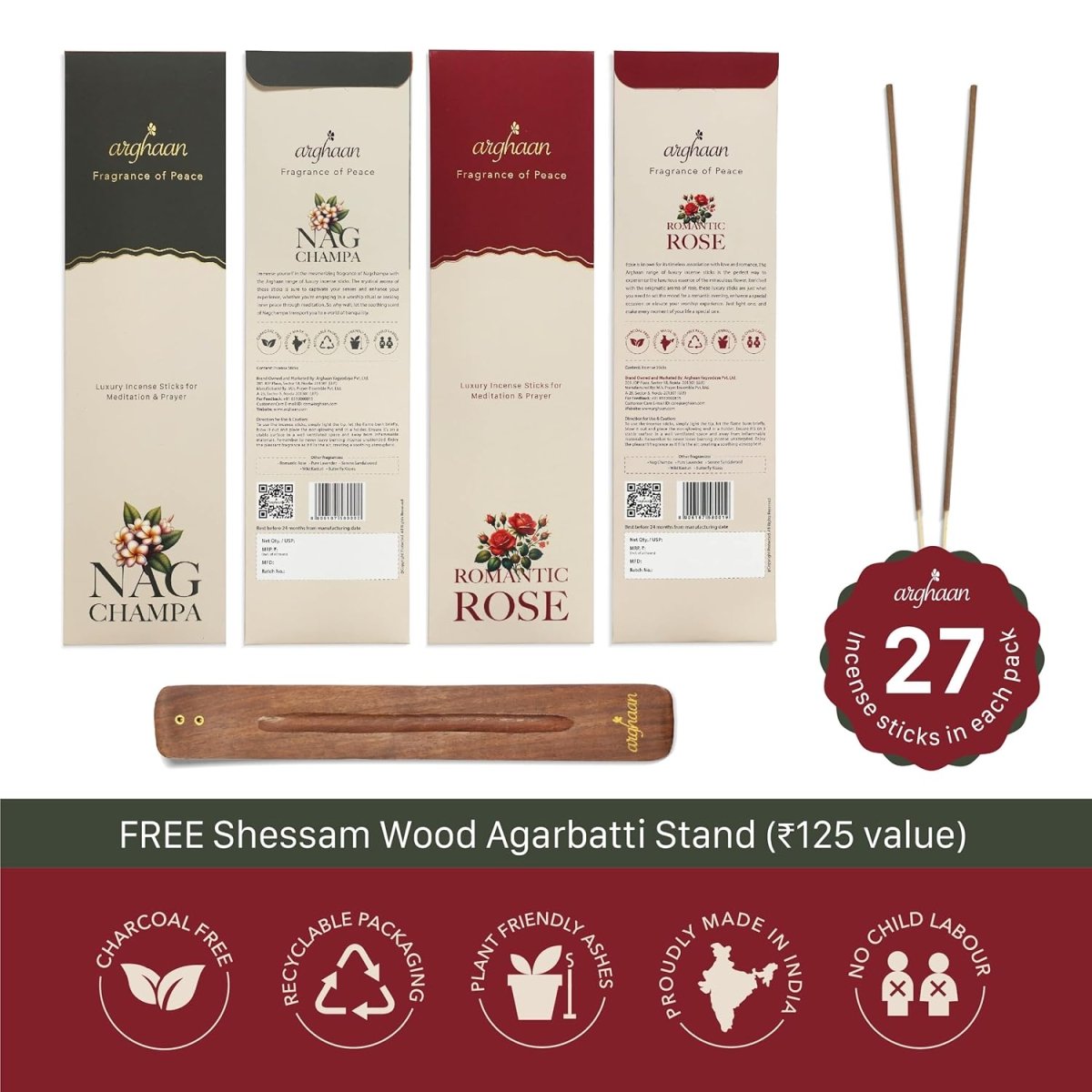 Arghaan Charcoal - Free Luxury Incense Sticks Combo – Rose & Nagchampa | Meditation, Prayer & Relaxation Incense for Home & Office | 54 Sticks (27x2) + Free Sheesham Wood Holder | Natural, Eco - Friendly, Low Smoke - Incense Sticks