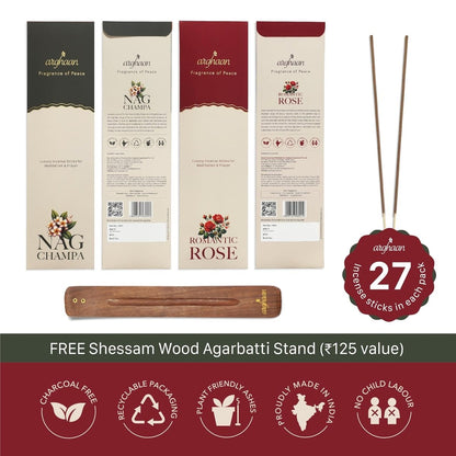 Arghaan Charcoal - Free Luxury Incense Sticks Combo – Rose & Nagchampa | Meditation, Prayer & Relaxation Incense for Home & Office | 54 Sticks (27x2) + Free Sheesham Wood Holder | Natural, Eco - Friendly, Low Smoke - Incense Sticks