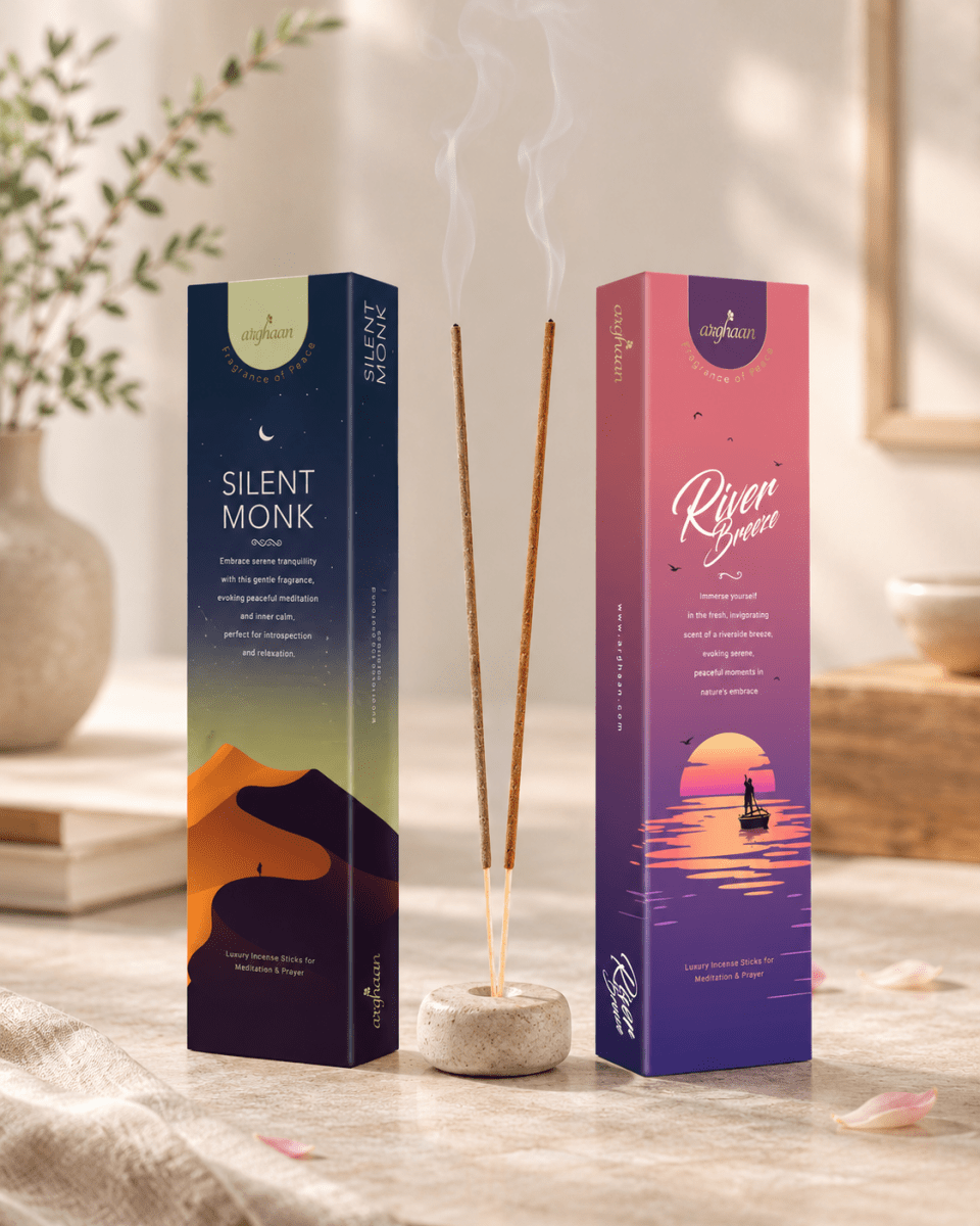 Premium Aromatic Agarbatti for Home & Office | For Meditation & Prayer | Free Sheesham Wood Stand (Silent Monk & River Breeze, Pack of 2) -