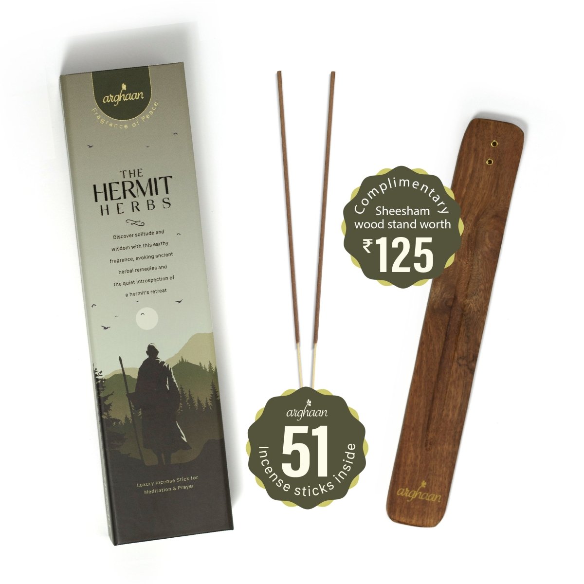 Premium Aromatic Agarbatti for Home & Office | For Meditation & Prayer | Free Sheesham Wood Stand (Temple Town & Hermit Herbs, Pack of 2) - 