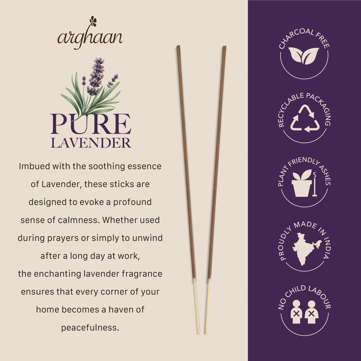 Pure Lavender Premium Incense Sticks – 100% Charcoal - Free | 27 Eco - Friendly Sticks for Pooja, Meditation, Prayer & Relaxation | Low Smoke Natural Lavender Incense for Home & Spiritual Calm - Incense Sticks
