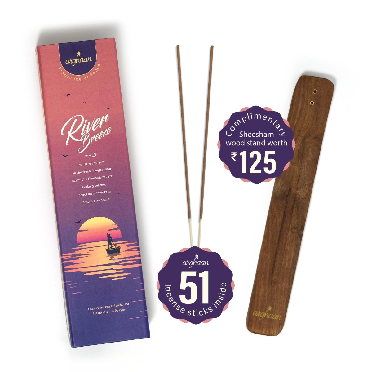Premium Aromatic Agarbatti for Home & Office | For Meditation & Prayer | Free Sheesham Wood Stand (Silent Monk & River Breeze, Pack of 2) - 