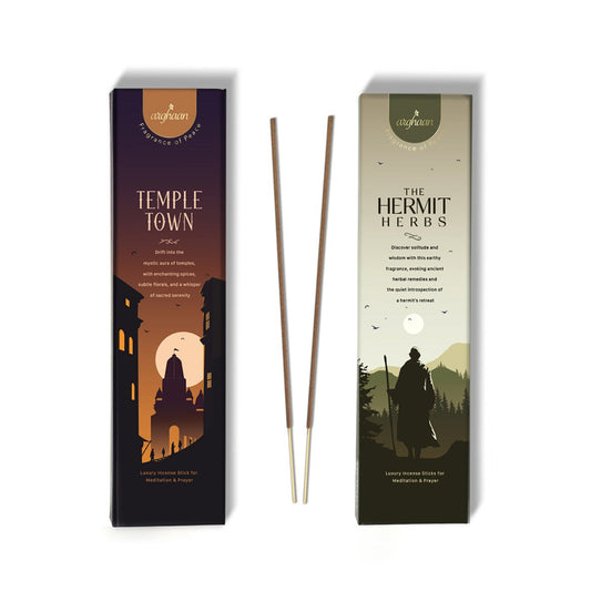 Premium Aromatic Agarbatti for Home & Office | For Meditation & Prayer | Free Sheesham Wood Stand (Temple Town & Hermit Herbs, Pack of 2) - 