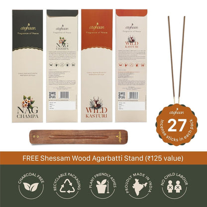 Arghaan Charcoal - Free Luxury Incense Sticks Combo – Kasturi & Nagchampa | Meditation & Prayer Incense for Home & Office | 54 Sticks (27x2) + Free Sheesham Wood Holder | Natural, Eco - Friendly, Low Smoke - Incense Sticks