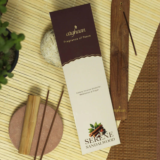 Serene Sandalwood Premium Incense Sticks – 100% Charcoal - Free | 27 Eco - Friendly Sticks for Pooja, Meditation, Prayer & Relaxation | Low Smoke Natural Sandalwood Incense for Home & Spiritual Calm - Incense Sticks