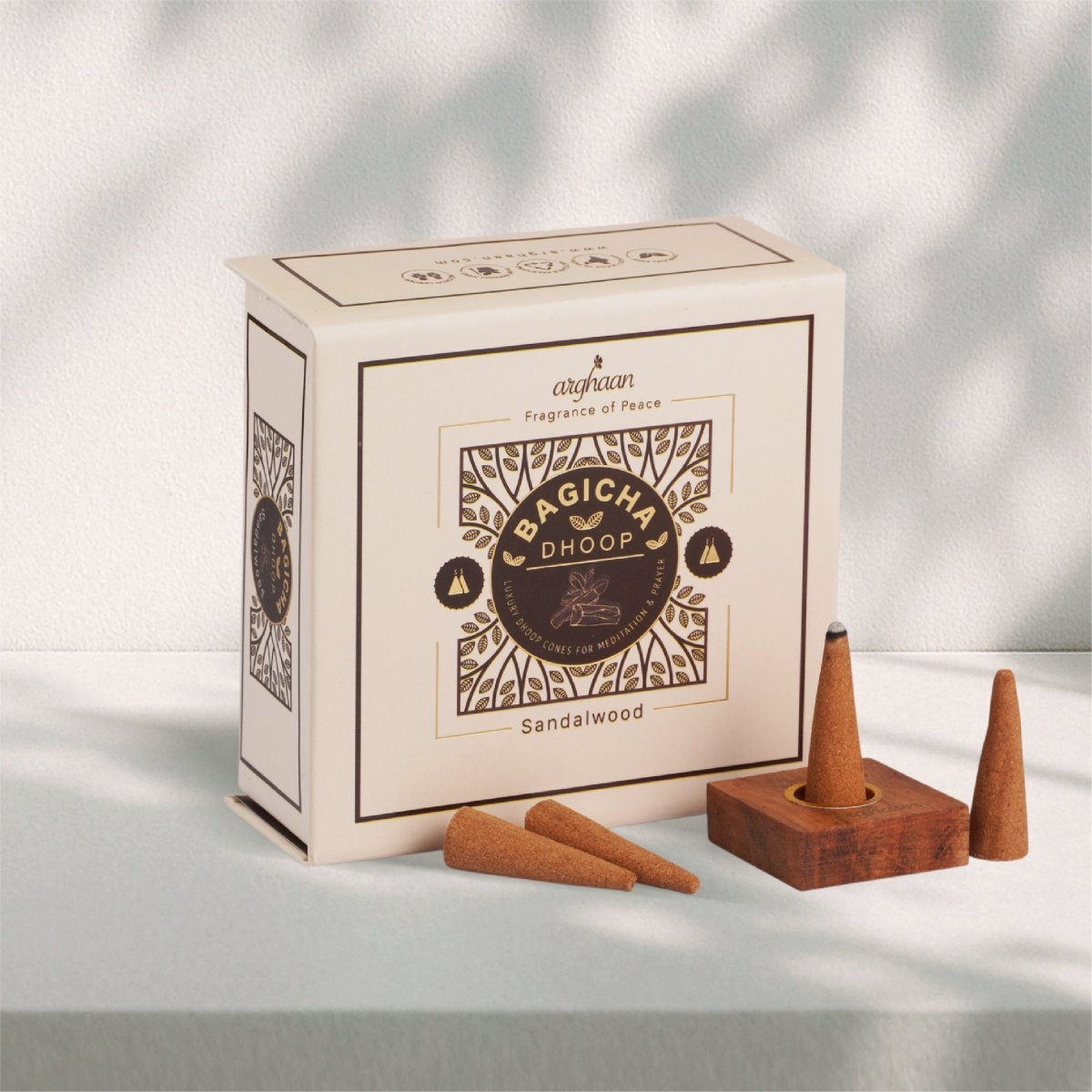 Bagicha, Sandalwood Dhoop Cones – 100% Charcoal - Free | Free - Wooden Stand | 40 Premium Dhoop Cones | Best for Pooja, Meditation & Relaxation | For Home, Office & Spiritual Calm - 