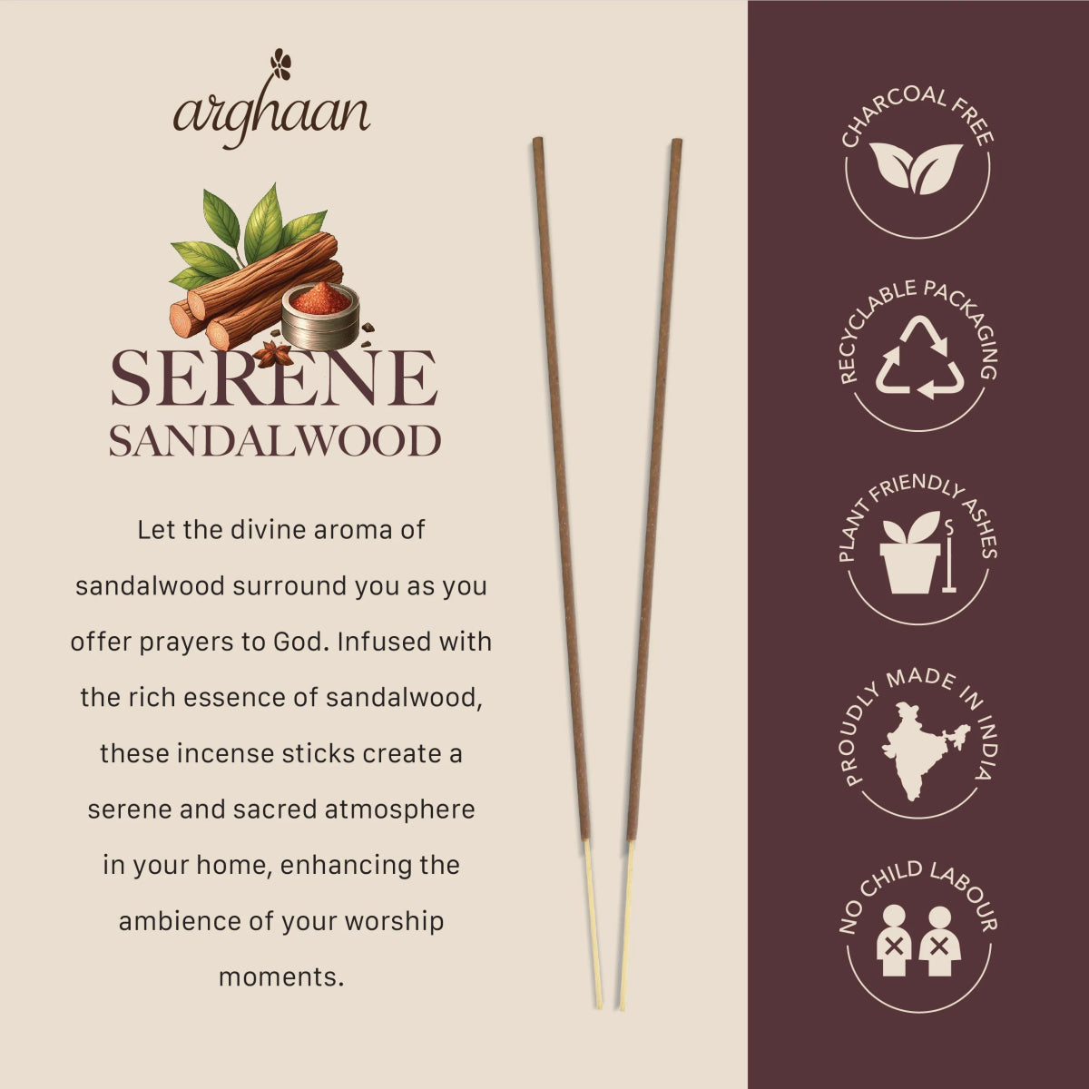 Serene Sandalwood Premium Incense Sticks – 100% Charcoal - Free | 27 Eco - Friendly Sticks for Pooja, Meditation, Prayer & Relaxation | Low Smoke Natural Sandalwood Incense for Home & Spiritual Calm - Incense Sticks