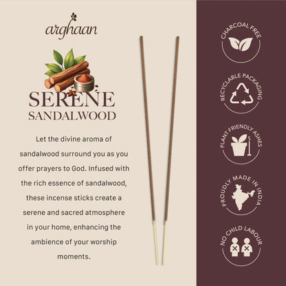Serene Sandalwood Premium Incense Sticks – 100% Charcoal - Free | 27 Eco - Friendly Sticks for Pooja, Meditation, Prayer & Relaxation | Low Smoke Natural Sandalwood Incense for Home & Spiritual Calm - Incense Sticks