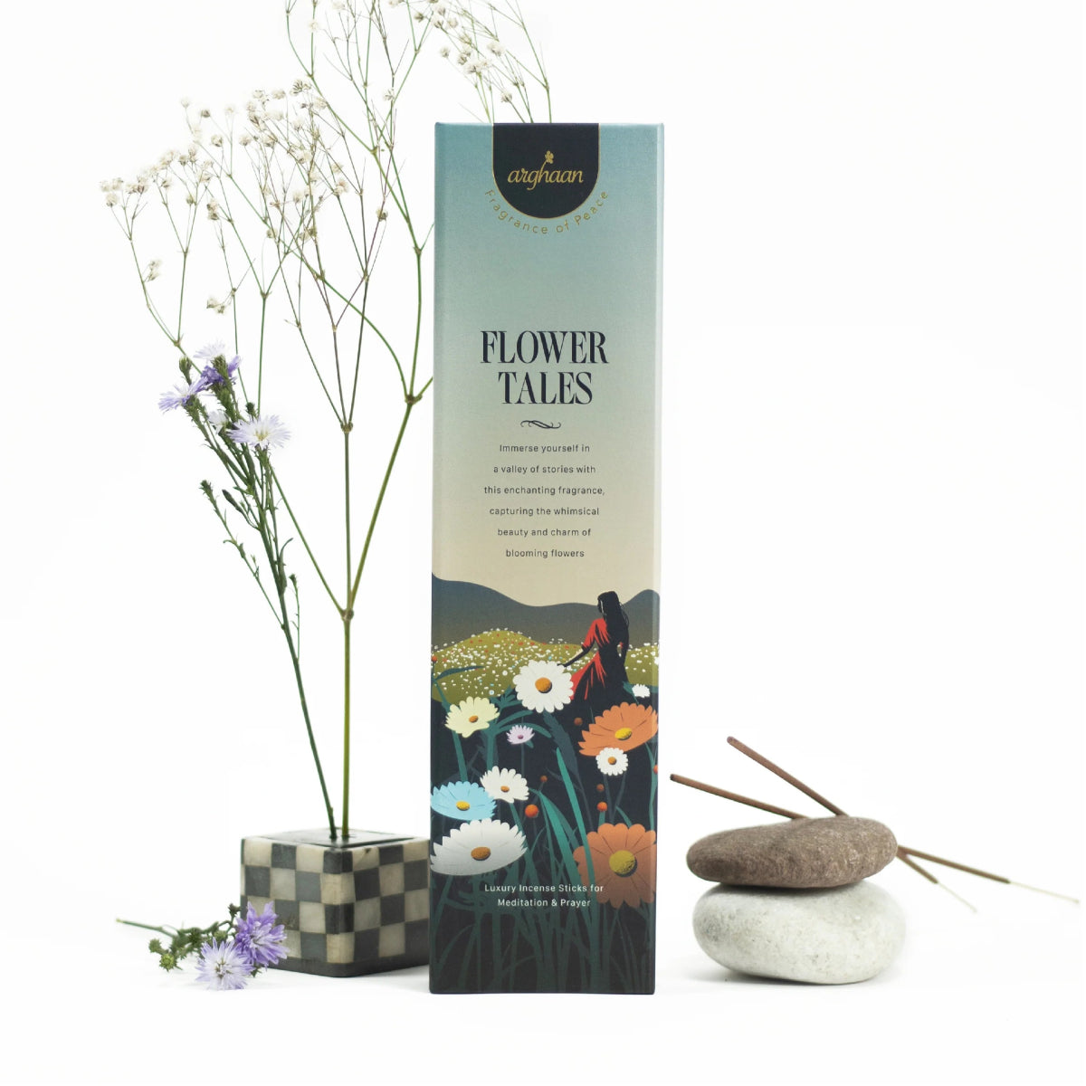 Flower Tales Luxury Incense Sticks – 100% Charcoal - Free | 51 Eco - Friendly Sticks for Pooja, Meditation, Prayer & Floral Tranquility | Low Smoke Natural Incense for Home & Relaxation - 