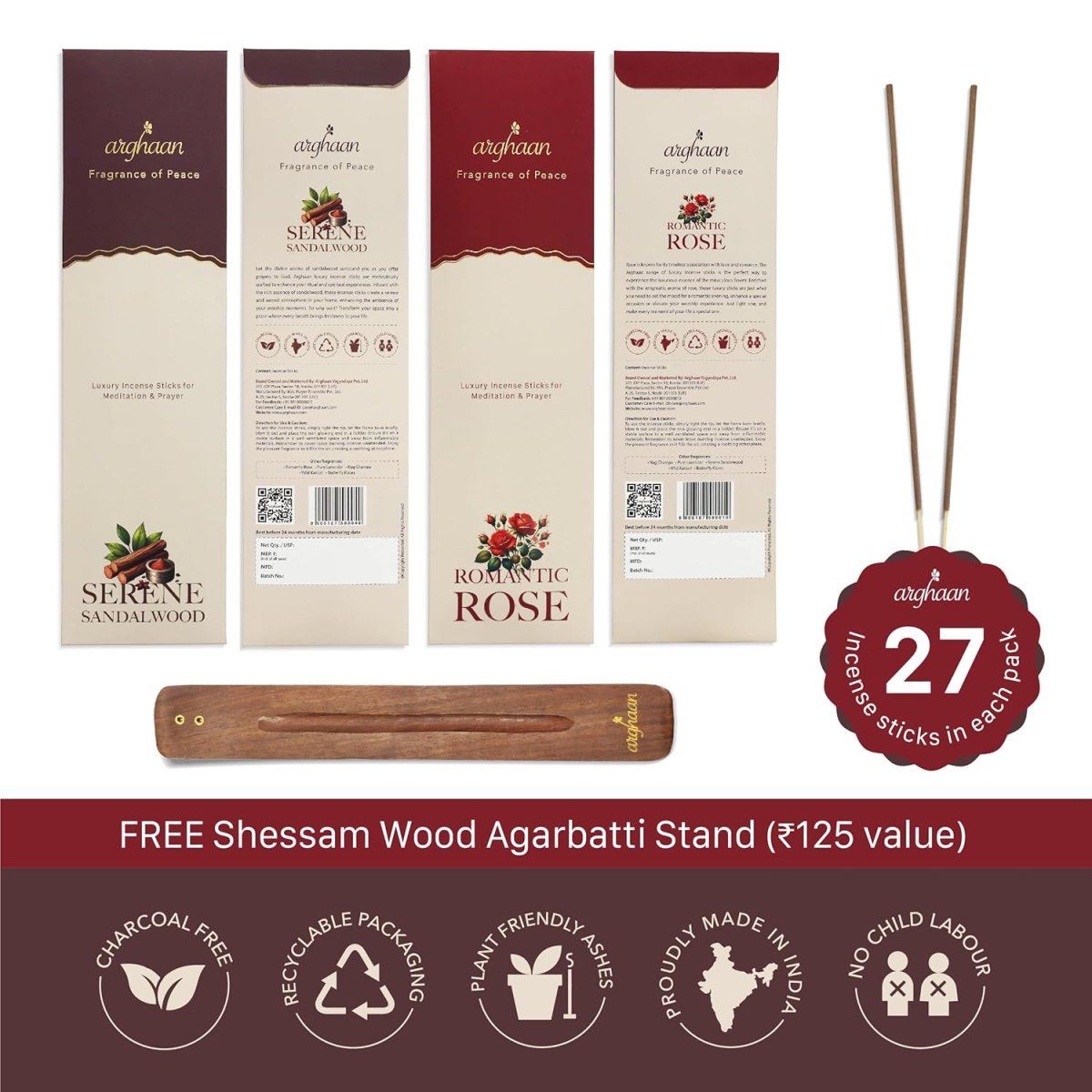 Arghaan Charcoal - Free Luxury Incense Sticks Combo – Rose & Sandalwood | Meditation & Prayer Incense for Home & Office | 54 Sticks (27x2) + Free Sheesham Wood Holder | Natural, Eco - Friendly, Low Smoke - Incense Sticks