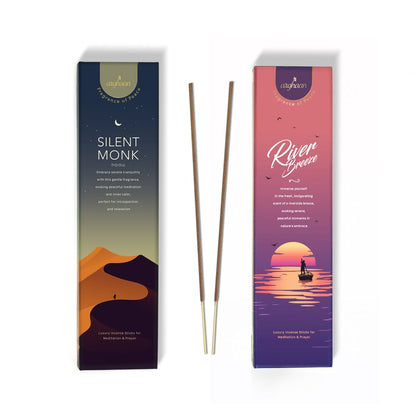 Premium Aromatic Agarbatti for Home & Office | For Meditation & Prayer | Free Sheesham Wood Stand (Silent Monk & River Breeze, Pack of 2) - 