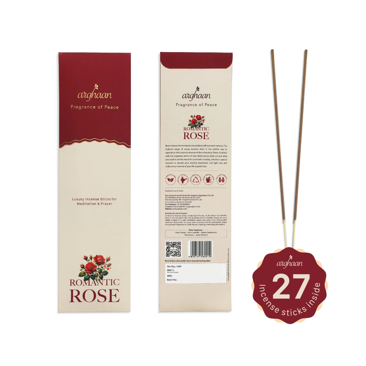 Romantic Rose Premium Incense Sticks – 100% Charcoal - Free | 27 Eco - Friendly Sticks for Pooja, Meditation, Prayer & Relaxation | Low Smoke Natural Rose Incense for Home & Spiritual Ambiance - Incense Sticks