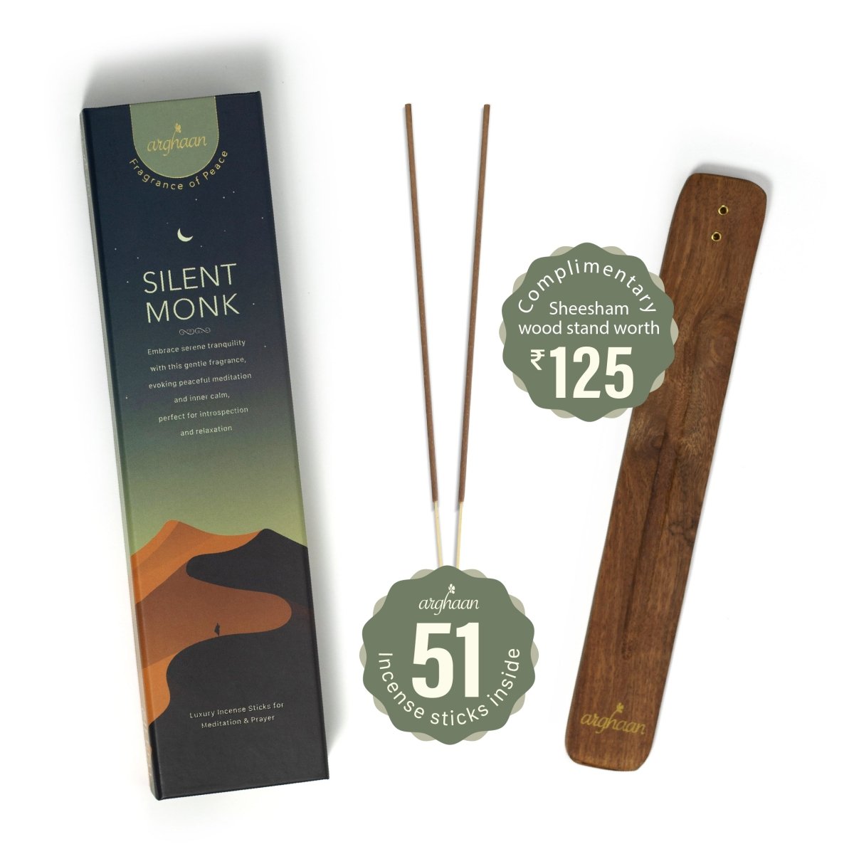 Premium Aromatic Agarbatti for Home & Office | For Meditation & Prayer | Free Sheesham Wood Stand (Silent Monk & River Breeze, Pack of 2) - 