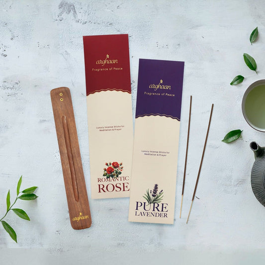 Arghaan Charcoal - Free Luxury Incense Sticks Combo – Rose & Lavender | Meditation, Prayer & Relaxation Incense for Home & Office | 54 Sticks (27x2) + Free Sheesham Wood Holder | Natural, Eco - Friendly, Low Smoke - Incense Sticks