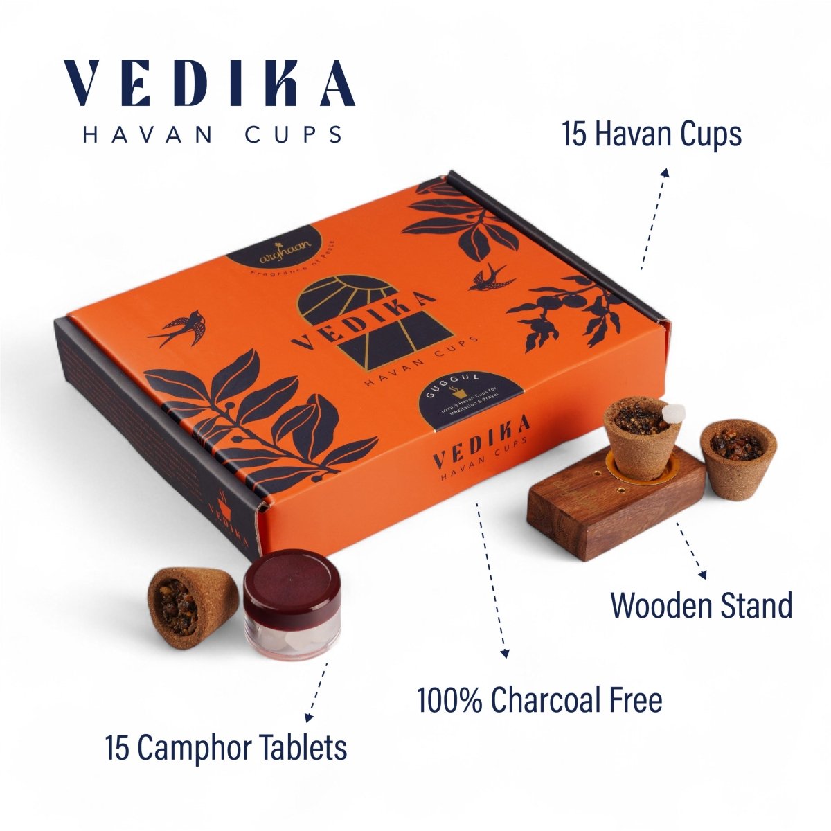Vedika Natural Guggul Havan Cups | 15 Havan Pcs + 15 camphor tablets + 1 Free Wooden Stand
