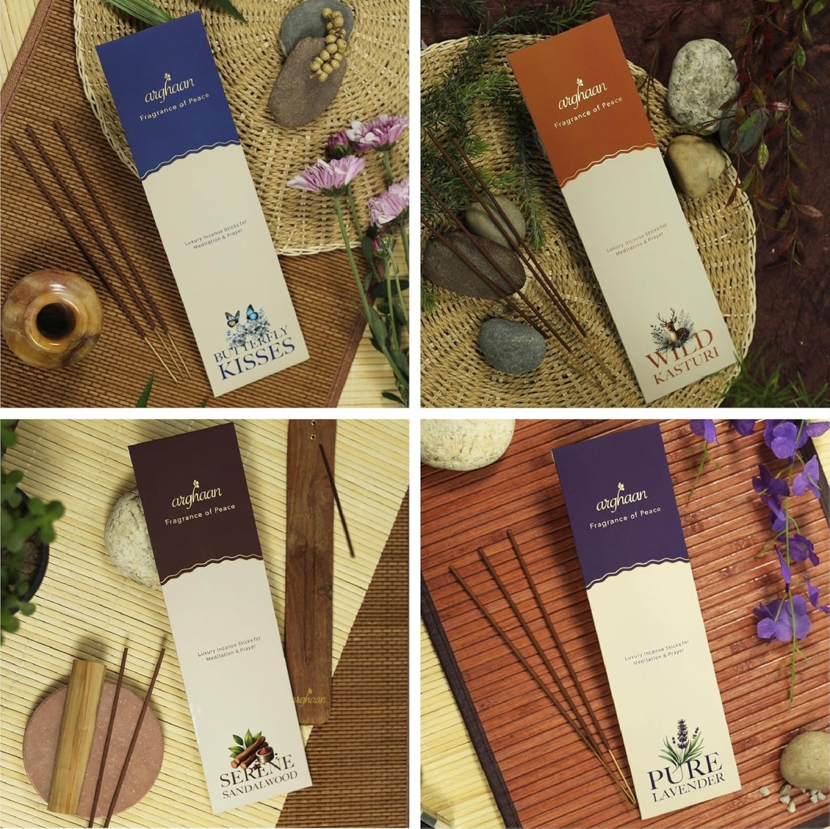 Arghaan Charcoal - Free Natural Incense Sticks Combo for Meditation, Prayer & Relaxation | 162 Sticks (27x6) with Sheesham Wood Holder | Rose, Lavender, Kasturi, Nagchampa, Sandalwood, Butterfly | Eco - Friendly Aromatherapy for Home & Office - Incense Sticks
