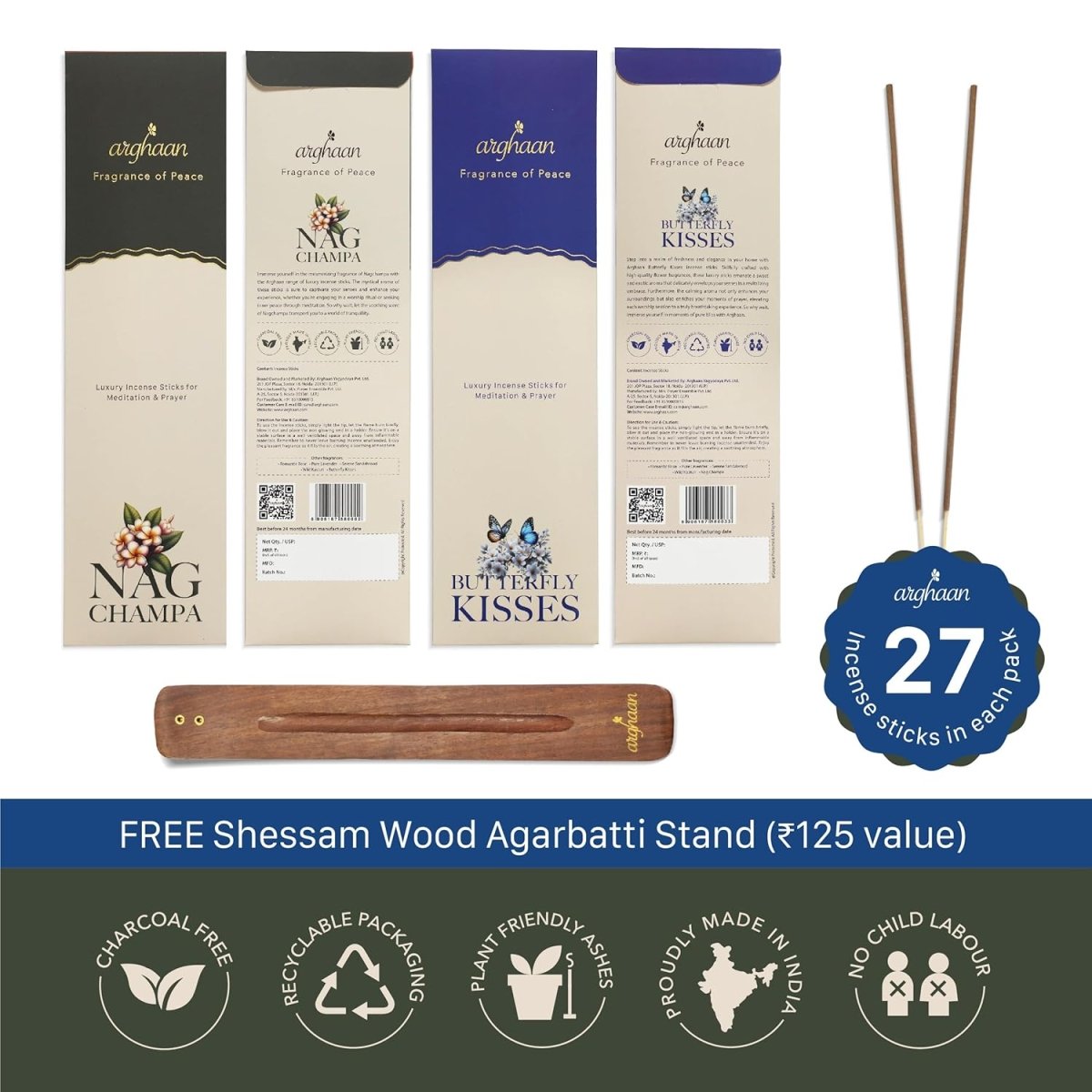 Arghaan Charcoal - Free Luxury Incense Sticks Combo – Butterfly Kisses & Nagchampa | Meditation, Prayer & Relaxation Incense for Home & Office | 54 Sticks (27x2) + Free Sheesham Wood Holder | Natural, Eco - Friendly, Low Smoke - Incense Sticks