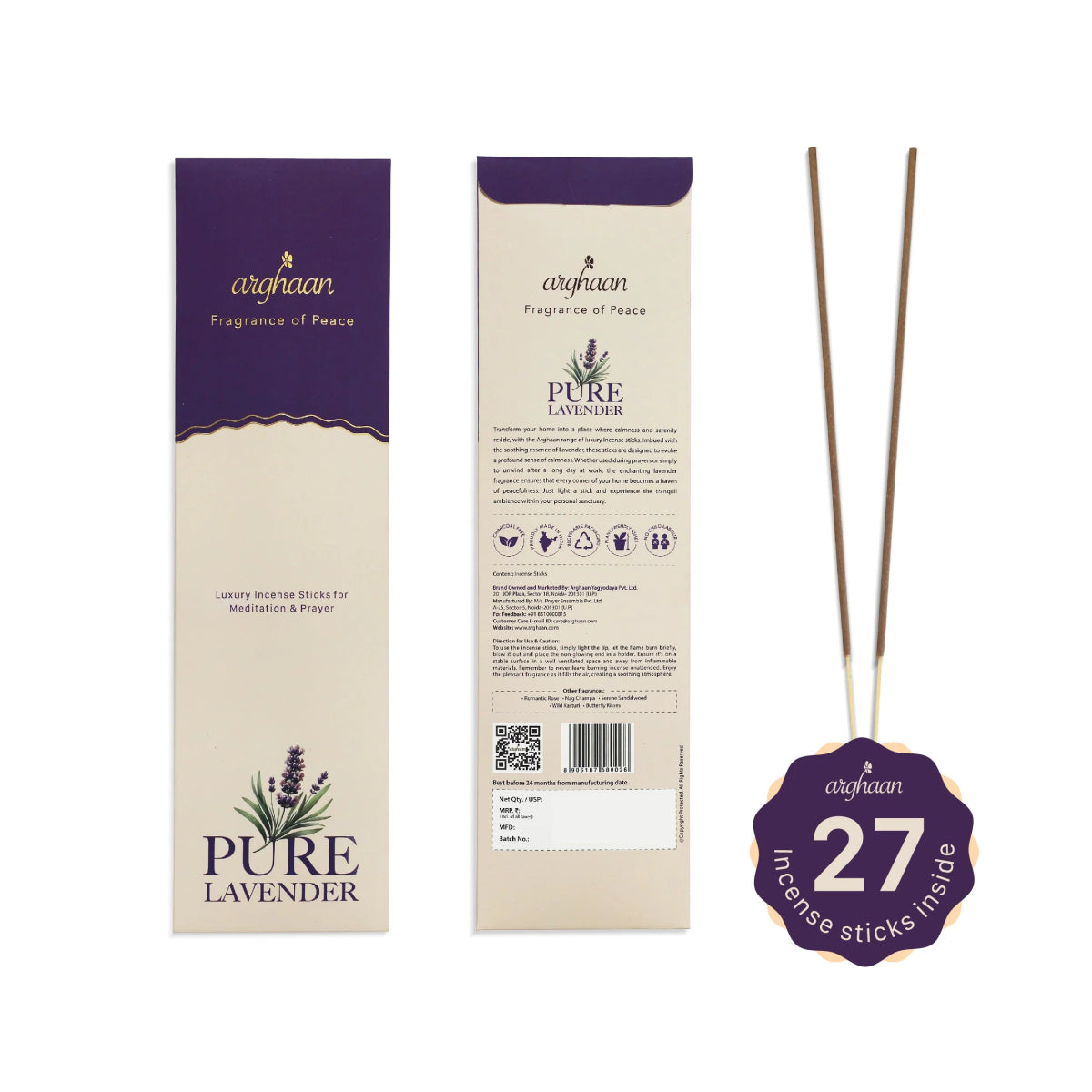 Pure Lavender Premium Incense Sticks – 100% Charcoal - Free | 27 Eco - Friendly Sticks for Pooja, Meditation, Prayer & Relaxation | Low Smoke Natural Lavender Incense for Home & Spiritual Calm - Incense Sticks