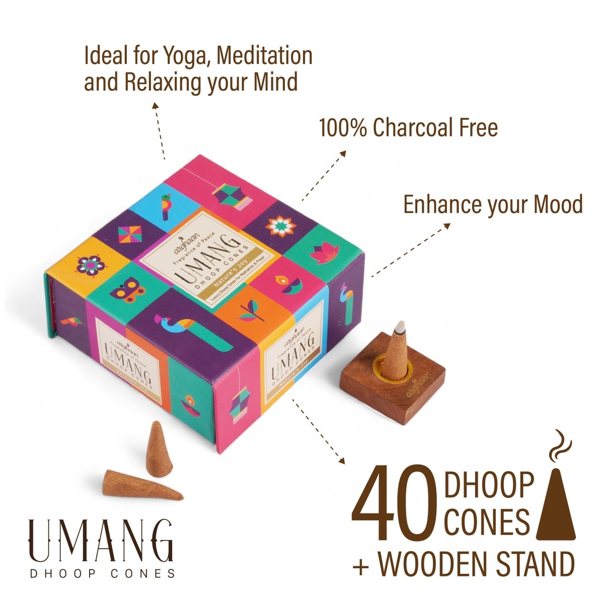 Umang, Nature's Joy Dhoop Cones – 100% Charcoal - Free | Free - Wooden Stand | 40 Premium Dhoop Cones | Best for Pooja, Meditation & Relaxation | For Home, Office & Spiritual Calm - 