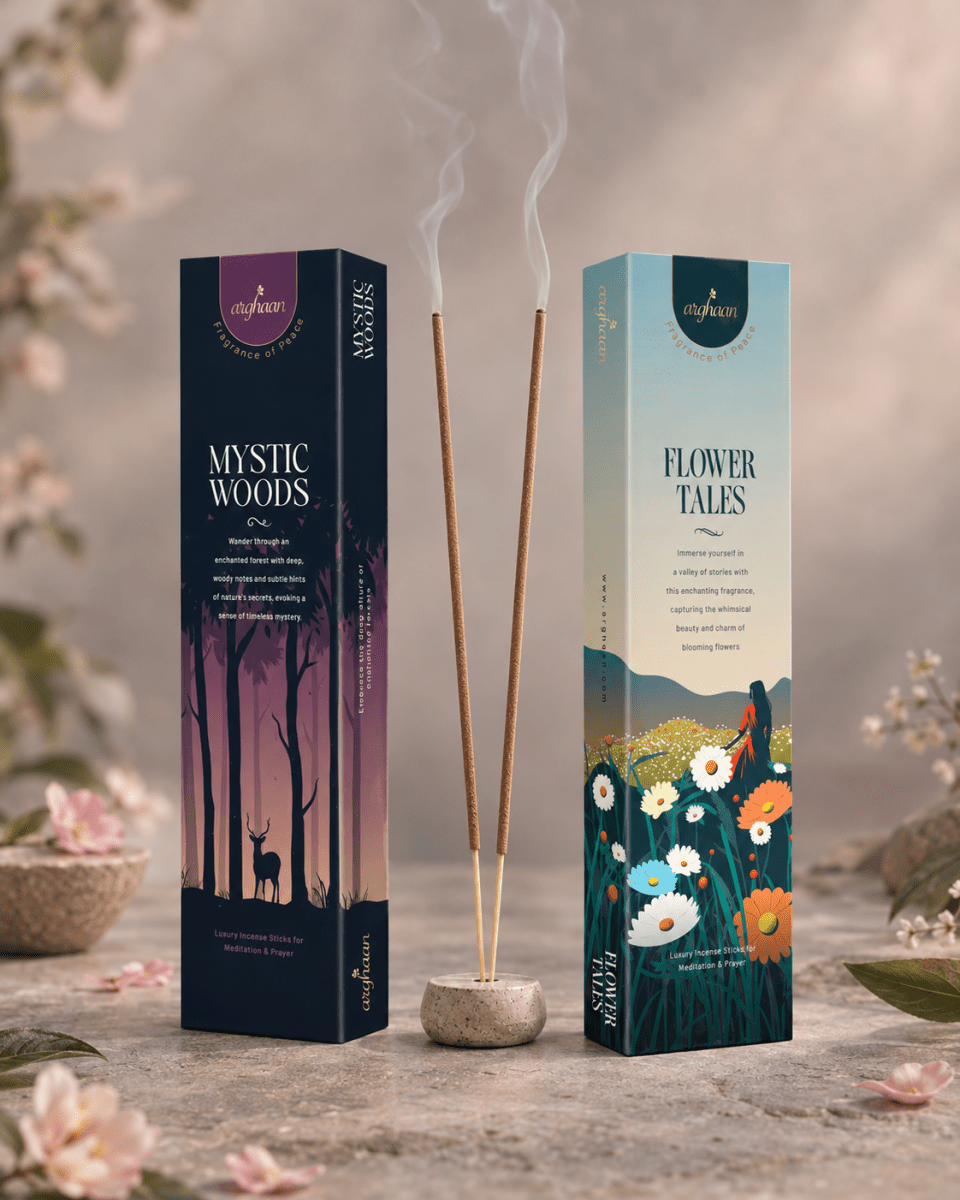 Premium Aromatic Agarbatti for Home & Office | For Meditation & Prayer | Free Sheesham Wood Stand (Mystic Woods & Flower Tales, Pack of 2) -