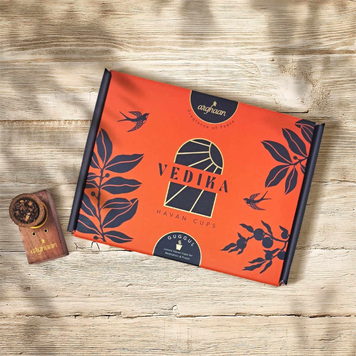 Vedika Natural Guggul Havan Cups | 15 Havan Pcs + 15 camphor tablets + 1 Free Wooden Stand