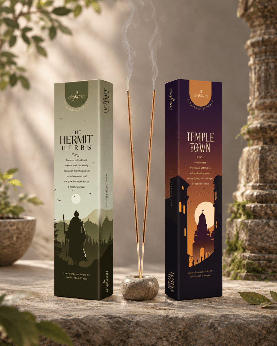 Premium Aromatic Agarbatti for Home & Office | For Meditation & Prayer | Free Sheesham Wood Stand (Temple Town & Hermit Herbs, Pack of 2) -