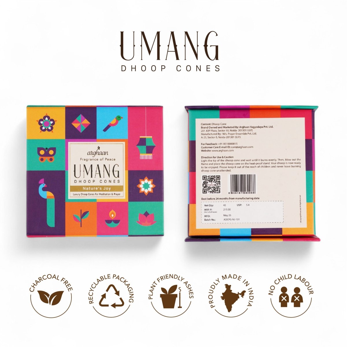 Umang, Nature's Joy Dhoop Cones – 100% Charcoal - Free | Free - Wooden Stand | 40 Premium Dhoop Cones | Best for Pooja, Meditation & Relaxation | For Home, Office & Spiritual Calm - 