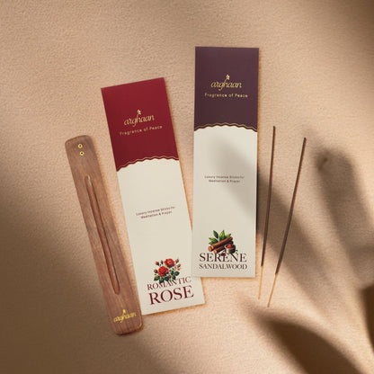 Arghaan Charcoal - Free Luxury Incense Sticks Combo – Rose & Sandalwood | Meditation & Prayer Incense for Home & Office | 54 Sticks (27x2) + Free Sheesham Wood Holder | Natural, Eco - Friendly, Low Smoke - Incense Sticks