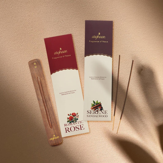 Arghaan Charcoal - Free Luxury Incense Sticks Combo – Rose & Sandalwood | Meditation & Prayer Incense for Home & Office | 54 Sticks (27x2) + Free Sheesham Wood Holder | Natural, Eco - Friendly, Low Smoke - Incense Sticks