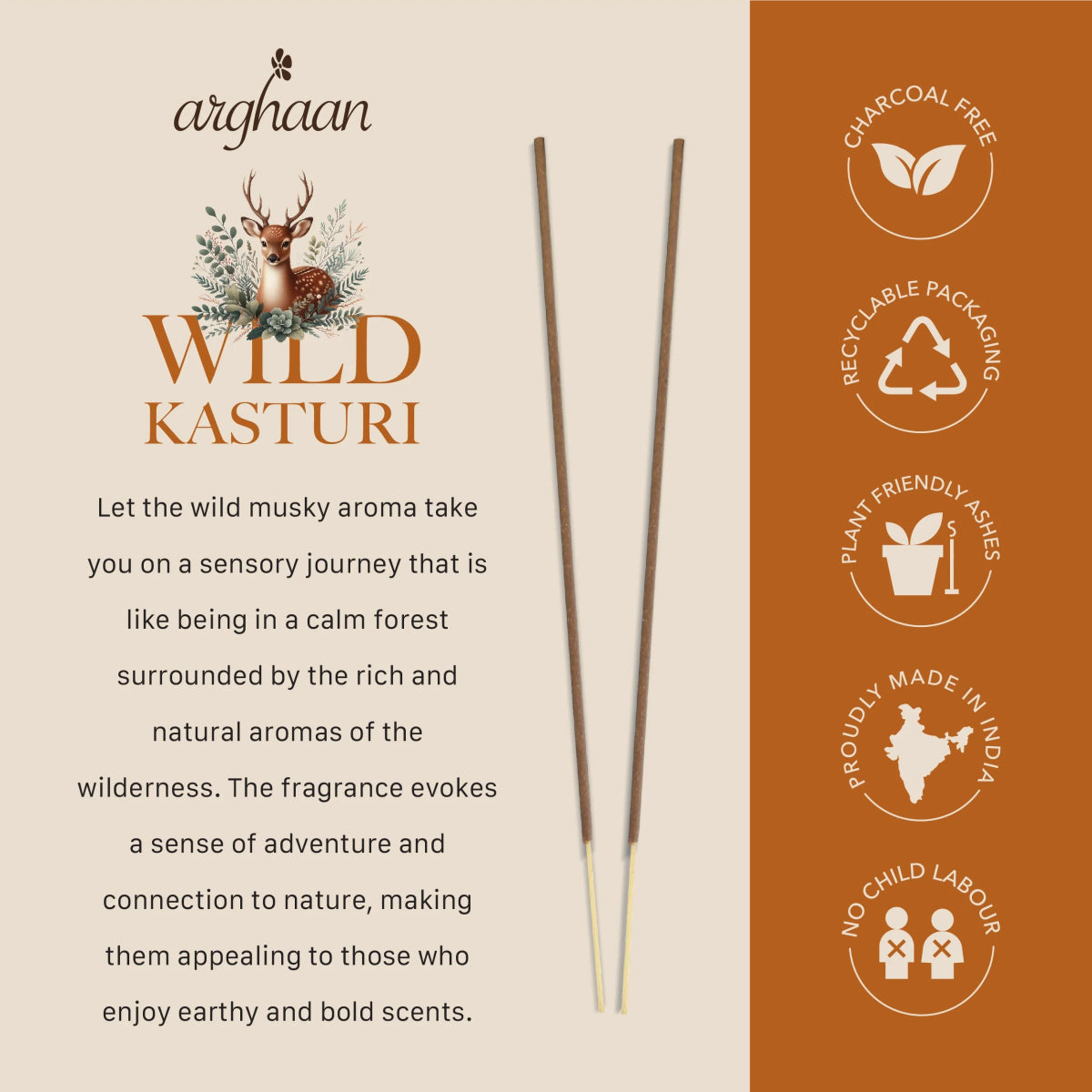 Wild Kasturi Premium Incense Sticks – 100% Charcoal - Free | 27 Eco - Friendly Sticks for Pooja, Meditation, Prayer & Earthy Tranquility | Low Smoke Natural Kasturi Incense for Home & Spiritual Calm - Incense Sticks