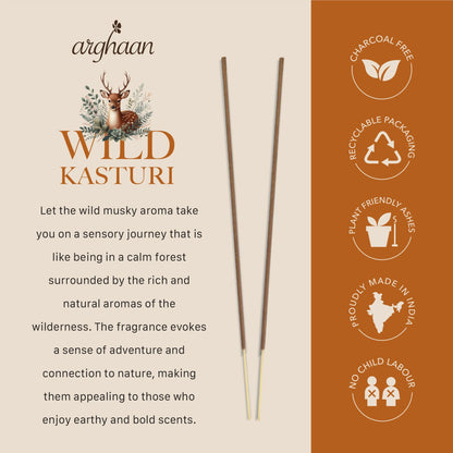 Wild Kasturi Premium Incense Sticks – 100% Charcoal - Free | 27 Eco - Friendly Sticks for Pooja, Meditation, Prayer & Earthy Tranquility | Low Smoke Natural Kasturi Incense for Home & Spiritual Calm - Incense Sticks