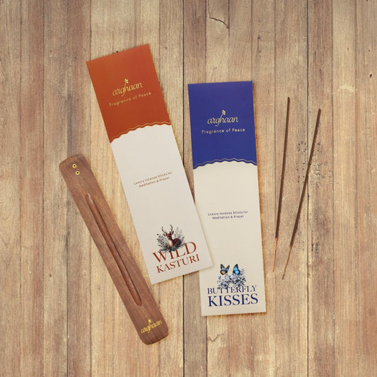Arghaan Charcoal - Free Luxury Incense Sticks Combo – Butterfly Kisses & Wild Kasturi | Meditation, Prayer & Relaxation Incense for Home & Office | 54 Sticks (27x2) + Free Sheesham Wood Holder | Natural, Eco - Friendly, Low Smoke - Incense Sticks