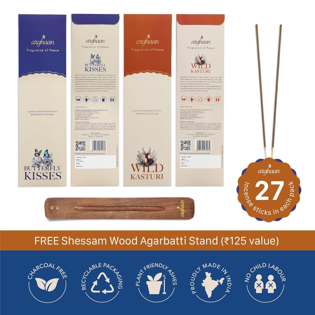Arghaan Charcoal - Free Luxury Incense Sticks Combo – Butterfly Kisses & Wild Kasturi | Meditation, Prayer & Relaxation Incense for Home & Office | 54 Sticks (27x2) + Free Sheesham Wood Holder | Natural, Eco - Friendly, Low Smoke - Incense Sticks