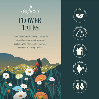 Flower Tales Luxury Incense Sticks – 100% Charcoal - Free | 51 Eco - Friendly Sticks for Pooja, Meditation, Prayer & Floral Tranquility | Low Smoke Natural Incense for Home & Relaxation - 