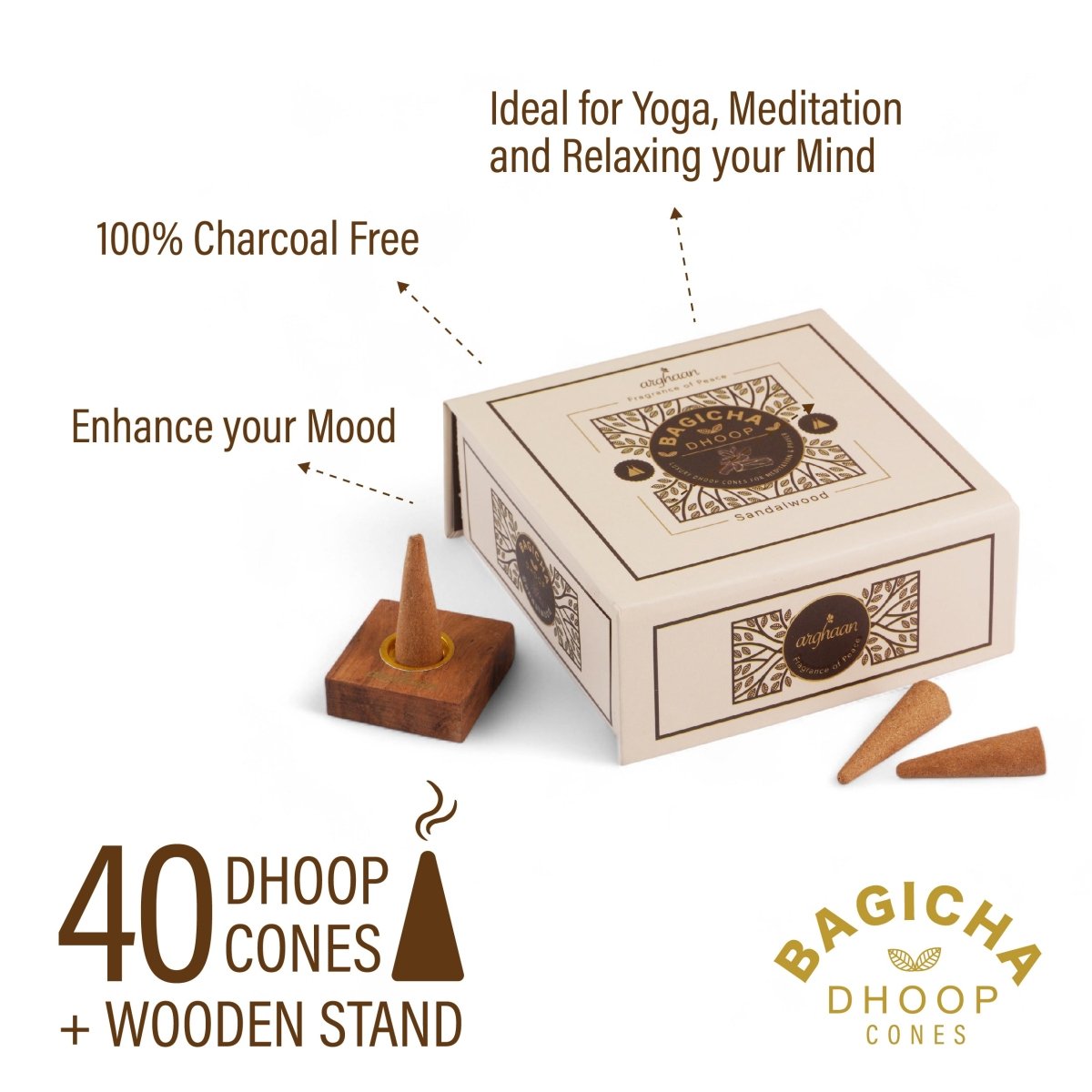 Bagicha, Sandalwood Dhoop Cones – 100% Charcoal - Free | Free - Wooden Stand | 40 Premium Dhoop Cones | Best for Pooja, Meditation & Relaxation | For Home, Office & Spiritual Calm - 